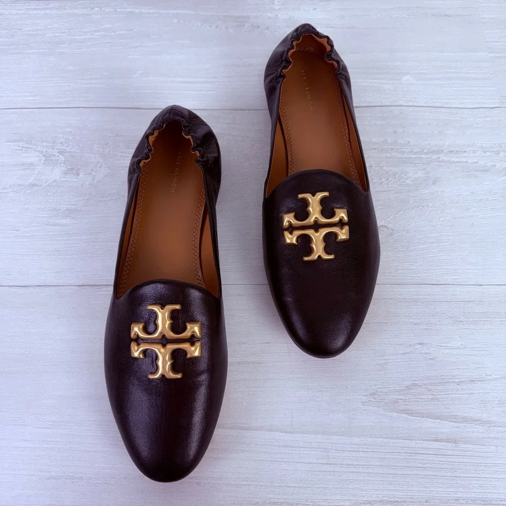 Tory Burch Eleanor Loafers Flats‎ Size 11 Black Leather Gold Logo Classic Chic
